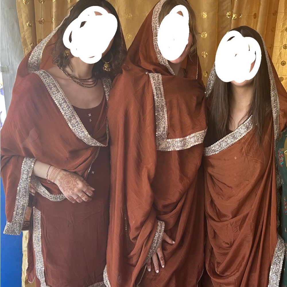 Women's Embellished Border Shawl and Dress Set - Rust